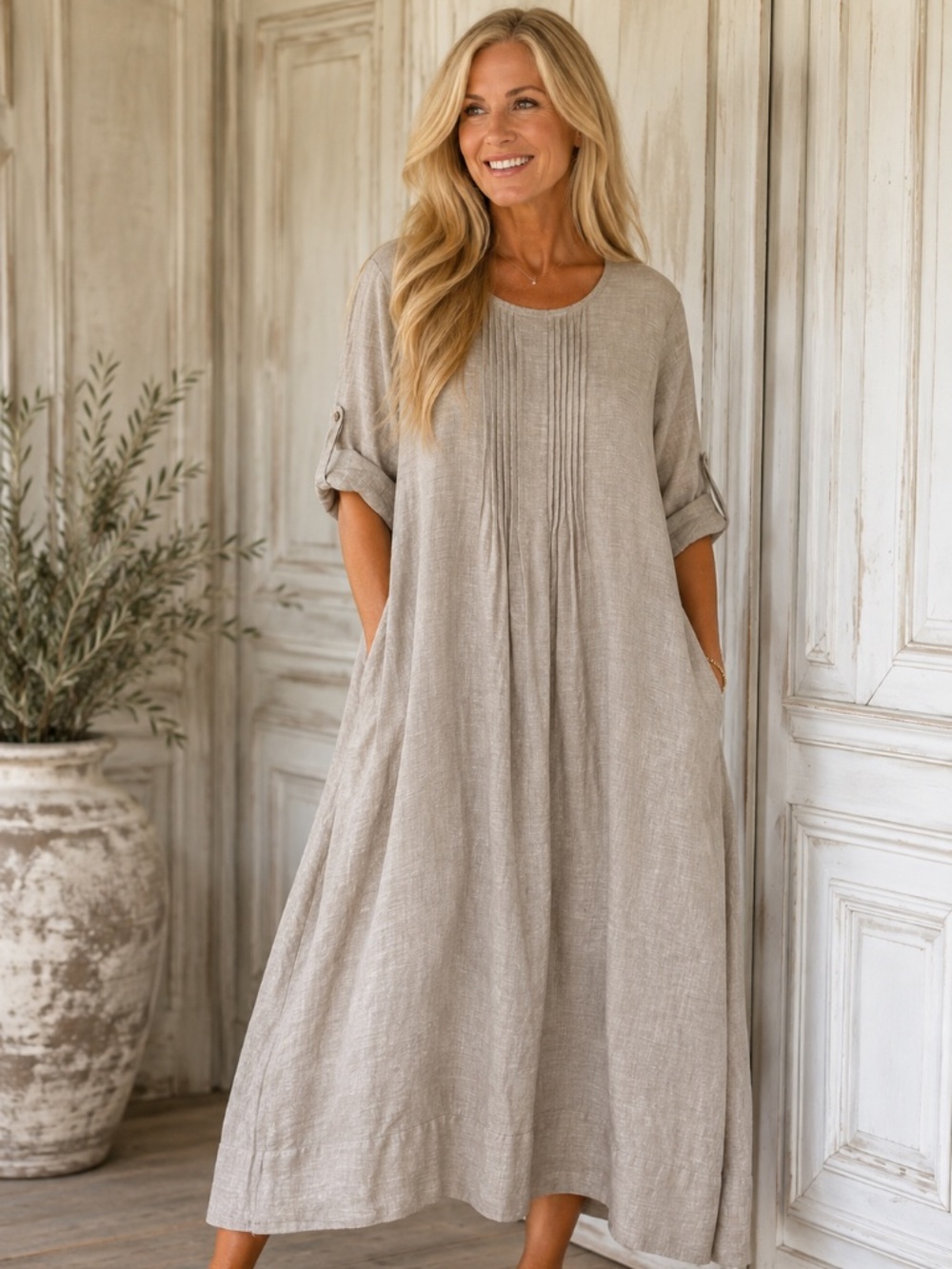 Yuvita Linen Lagenlook Midi Maxi Dress Small Taupe Pintuck Pocket Boho
